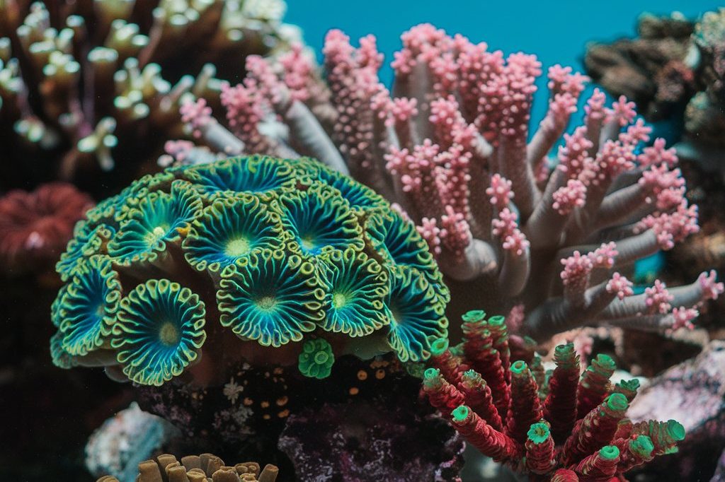 Kleurrijke zeecoralen met groene en paarse tinten op de oceaanbodem.